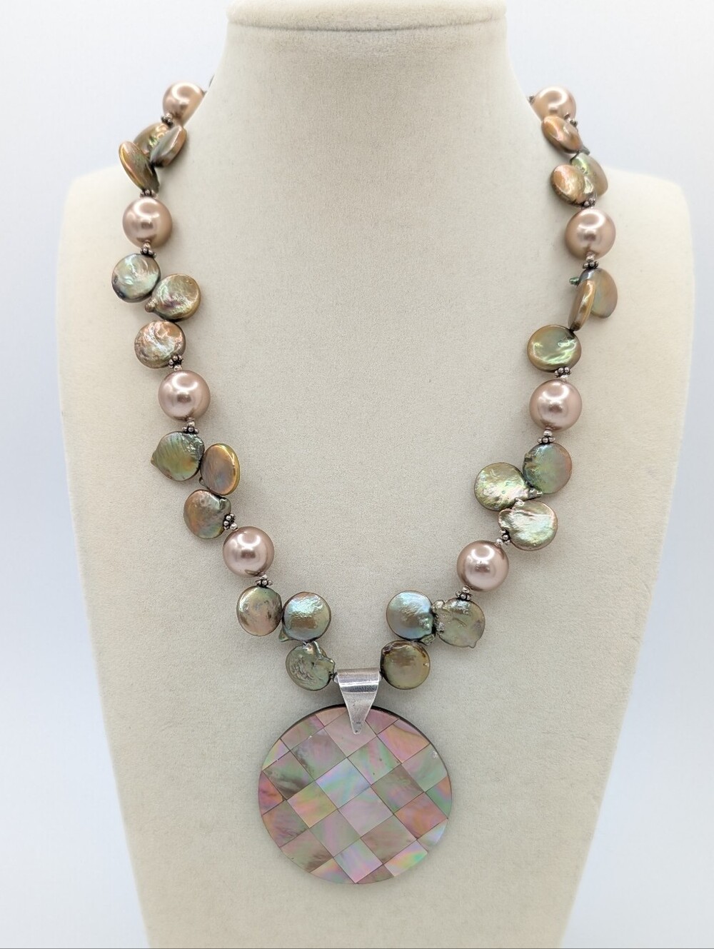 925 Cultured Freshwater Coin Pearl Necklace With MOP Pendant